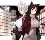  2girls alternate_costume animal_ear_fluff animal_ears bangs black_hair breasts brown_jacket casual commentary_request contemporary cup dress eyebrows_visible_through_hair from_side grey_dress hair_between_eyes holding holding_cup imaizumi_kagerou inubashiri_momiji jacket kasuka_(kusuki) large_breasts long_hair long_sleeves multiple_girls parted_lips profile red_eyes red_jacket shirt short_hair sidelocks silver_hair touhou turtleneck turtleneck_dress upper_body white_shirt wolf_ears 