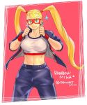  1girl alternate_costume blonde_hair blue_eyes breasts commentary highres jacket large_breasts midriff navel open_clothes open_jacket pants popped_collar rainbow_mika solo sports_bra street_fighter street_fighter_v tombsakura track_jacket track_pants twintails wrestling_mask wristband 