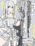  1girl absurdres assault_rifle bare_shoulders blonde_hair breasts choker collarbone commentary detached_sleeves girls_frontline gloves grey_background greyscale grin gun hair_between_eyes highres holding holding_weapon holding_wrench m4_carbine m4a1_(girls_frontline) medium_breasts medium_hair minata_(axl19941120) monochrome multicolored_hair rifle scope shiny shiny_hair shorts smile solo spot_color streaked_hair upper_body watch weapon wrench wristwatch yellow_eyes 