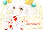  1girl blush chinese_clothes detached_sleeves dress food_fantasy long_hair multicolored_hair rice_(food_fantasy) rice_hair_ornament smile solo twintails white_hair yellow_eyes 
