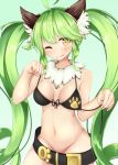  1girl absurdres animal_ears belt bikini braid breasts convenient_censoring green_background green_hair groin highres hip_focus no_panties nyanko_daisensou paw_print short_twintails swimsuit tongue tongue_out twin-7646 twintails untied untied_bikini wolf_ears yellow_eyes 