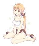  1girl bangs bare_arms bare_shoulders barefoot blonde_hair blush breasts brown_eyes brown_shorts cameltoe collarbone eyebrows_visible_through_hair full_body hair_between_eyes hair_bobbles hair_ornament hatsunatsu long_hair looking_at_viewer low_twintails medium_breasts midriff navel parted_lips shadow short_shorts shorts sidelocks simple_background sitting solo twintails very_long_hair wariza white_background white_camisole xiaoyuan_(you_can_eat_the_girl) you_can_eat_the_girl 