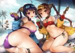 2girls ahoge arm_support ass azur_lane bangs bare_shoulders bikini black_hair blush breasts brown_hair closed_mouth commentary_request eyebrows_visible_through_hair eyewear_on_head food fur-trimmed_jacket fur_trim gijang gloves hair_rings halterneck holding holding_food ice_cream jacket large_breasts long_hair looking_at_viewer multiple_girls navel ning_hai_(azur_lane) ning_hai_(summer_hunger)_(azur_lane) off_shoulder open_mouth outdoors panda ping_hai_(azur_lane) ping_hai_(merry_summer)_(azur_lane) purple_bikini purple_eyes purple_gloves red_bikini red_eyes red_gloves side-tie_bikini small_breasts sweat swimsuit takoyaki thighs twintails very_long_hair visor_cap 