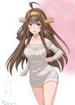  1girl ahoge alternate_costume bare_shoulders beige_sweater brown_hair cowboy_shot double_bun gradient gradient_background highres kantai_collection kongou_(kantai_collection) long_hair looking_at_viewer pink_background purple_eyes ribbed_sweater smile solo standing sweater t2r white_background 