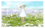  1girl bangs bare_arms bare_shoulders bass_clef baton_(instrument) beamed_sixteenth_notes blue_hair blue_sky bow brown_headwear closed_eyes closed_mouth cloud day dress eighth_note facing_viewer field flower flower_field frilled_dress frills grass hair_flower hair_ornament hands_up hat hat_bow hatsune_miku highres holding holding_wand horizon lf long_hair meadow music musical_note nature outdoors purple_flower revision rose sky sleeveless sleeveless_dress smile solo sparkle staff_(music) standing straw_hat sun_hat sundress thank_you treble_clef twintails very_long_hair vocaloid wand white_bow white_dress white_flower white_rose wide_shot witch_hat 