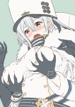  1girl azur_lane bangs black_gloves blush breast_grab breasts coat coat_dress d_kurouri double-breasted from_below fur-trimmed_coat fur_trim gloves grabbing hair_between_eyes hat high_collar highres large_breasts military_hat open_mouth out_of_frame red_eyes silver_hair sovetskaya_rossiya_(azur_lane) sweat white_coat 