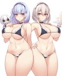  2girls azur_lane bikini blush breasts choker cleavage collarbone curvy dido_(azur_lane) doll earrings feet_out_of_frame frilled_choker frills glass hairband hand_on_breast hand_on_hip heart heart_earrings jewelry kuavera large_breasts looking_at_viewer maid_bikini multiple_girls navel pink_eyes sirius_(azur_lane) skindentation swimsuit thighs tray white_background yellow_eyes 