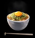  black_background bowl chopsticks egg_yolk food highres nagishiro_mito original simple_background steam 