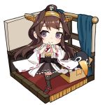  1girl ahoge alakoala boots box brown_hair detached_sleeves double_bun failure_penguin hairband headgear heart heart_hands isometric japanese_clothes kantai_collection kongou_(kantai_collection) long_hair looking_at_viewer ribbon-trimmed_sleeves ribbon_trim simple_background smile solo standing standing_on_one_leg thigh_boots thighhighs white_background window 
