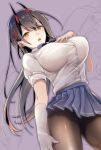  1girl azur_lane black_hair black_legwear blue_skirt breasts d: eyebrows_visible_through_hair gloves hair_between_eyes hair_ornament hand_on_own_chest horns large_breasts long_hair looking_at_viewer oni_horns open_mouth oumi_sanaka pantyhose purple_neckwear red_horns shirt shirt_tucked_in simple_background single_glove skirt solo suzuya_(azur_lane) white_gloves white_shirt yellow_eyes 