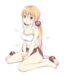  1girl bangs bare_arms bare_shoulders barefoot blonde_hair blush breasts brown_eyes brown_shorts bubble_tea cameltoe chinese_commentary collarbone commentary_request cup disposable_cup eyebrows_visible_through_hair full_body hair_between_eyes hair_bobbles hair_ornament hatsunatsu long_hair looking_at_viewer low_twintails medium_breasts midriff navel parted_lips shadow short_shorts shorts sidelocks simple_background sitting solo twintails very_long_hair wariza white_background white_camisole xiaoyuan_(you_can_eat_the_girl) you_can_eat_the_girl 