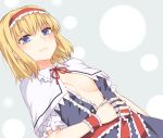  1girl alice_margatroid bangs blonde_hair blue_dress blue_eyes blush breasts capelet commentary_request dress frilled_hairband frills grey_background hairband highres jewelry lolita_hairband looking_at_viewer medium_breasts miyo_(ranthath) neck_ribbon open_clothes open_dress red_hairband red_neckwear red_ribbon red_sash ribbon ring sash short_hair short_sleeves solo touhou upper_body white_capelet wrist_cuffs 