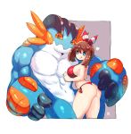  1boy 1girl :q abs absurdres ass biceps bikini blue_eyes breasts brown_hair cleavage furry gen_3_pokemon hair_between_eyes haruka_(pokemon) highres kenron_toqueen large_breasts licking_lips looking_at_viewer looking_back mega_pokemon mega_swampert muscle navel orange_eyes pectorals pokemon pokemon_(creature) pokemon_(game) pokemon_oras red_bikini side-tie_bikini sideboob smile stomach swampert swimsuit thong_bikini tongue tongue_out wet 