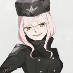  1girl coat eyebrows_visible_through_hair fate/grand_order fate_(series) glasses hat koyanskaya long_hair looking_at_viewer oreh-stl pink_hair simple_background smile solo yellow_eyes 