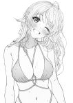  1girl ameyame bangs bare_shoulders blush breasts cleavage collarbone greyscale grin hachimiya_meguru head_tilt highres idolmaster idolmaster_shiny_colors large_breasts long_hair looking_at_viewer monochrome navel one_eye_closed simple_background smile solo swept_bangs wet white_background 