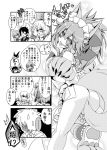  2boys 2girls animal_ear_fluff animal_ears apron ass bell bell_collar blush breasts cat_hair_ornament cat_paws chaldea_uniform collar commentary commentary_request embarrassed eyebrows_visible_through_hair fangs fate/grand_order fate_(series) fox_ears fox_girl fox_tail fujimaru_ritsuka_(male) glasses gloves hair_ornament hair_over_one_eye hair_ribbon hisame_genta jingle_bell large_breasts loose_clothes mash_kyrielight monochrome multiple_boys multiple_girls naked_apron necktie no_panties paw_gloves paw_shoes paws ribbon sakata_kintoki_(fate/grand_order) sexually_suggestive shoes short_hair sideboob sunglasses tail tamamo_(fate)_(all) tamamo_cat_(fate) 