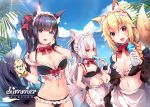  3girls :d ahoge animal_ear_fluff animal_ears apron bare_shoulders bikini black_bikini black_hair black_jacket blonde_hair blue_eyes bottle bow bowtie braid breasts can choker cleavage cloud cowboy_shot fangs food fox_ears fox_girl fox_tail frilled_bikini frills green_eyes groin hair_ribbon hand_up heterochromia holding holding_can jacket kitsune large_breasts lens_flare long_hair looking_at_viewer maid_apron maid_bikini maid_headdress midriff multiple_girls multiple_tails navel ocean off_shoulder open_clothes open_jacket open_mouth original outdoors ponytail popsicle red_eyes ribbon smile standing stomach strap_slip sunlight swimsuit tail tail_raised usagihime waist_apron water_bottle white_hair wrist_cuffs 