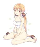  1girl bangs bare_arms bare_shoulders barefoot blonde_hair blush breasts brown_eyes bubble_tea cameltoe collarbone cup disposable_cup eyebrows_visible_through_hair full_body groin hair_between_eyes hair_bobbles hair_ornament hatsunatsu long_hair looking_at_viewer low_twintails medium_breasts navel parted_lips shadow sidelocks simple_background sitting solo twintails very_long_hair wariza white_background white_camisole xiaoyuan_(you_can_eat_the_girl) you_can_eat_the_girl 