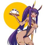  1girl animal_ears armlet bangs bare_shoulders black_leotard bracer breasts center_opening chan_co dark_skin earrings egyptian facepaint facial_mark fate/grand_order fate_(series) gold_trim hair_between_eyes hairband high_ponytail highleg highleg_leotard hoop_earrings jackal_ears jewelry leotard long_hair looking_at_viewer low-tied_long_hair medium_breasts medjed navel nitocris_(fate/grand_order) open_mouth purple_eyes purple_hair sidelocks smile sunglasses thighhighs thighs tray two-tone_background usekh_collar very_long_hair white_background yellow_background 