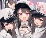  4girls azur_lane black_gloves black_hair breasts cleavage coat collarbone detached_collar fang gloves grin hat index_finger_raised kasuka_(kusuki) looking_at_viewer medium_breasts military military_hat military_uniform multiple_girls multiple_persona one_side_up open_mouth pamiat_merkuria_(azur_lane) pamiat_merkuria_(caged_minx)_(azur_lane) pink_eyes smile smug uniform upper_body white_coat 