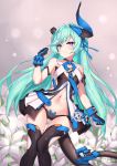  1girl aqua_hair armlet asymmetrical_horns bare_shoulders black_gloves black_legwear black_panties black_tail breasts bright_pupils dress ehart flower gloves honkai_(series) honkai_impact_3rd liliya_olenyeva lily_(flower) long_hair looking_at_viewer open_clothes open_dress panties purple_eyes small_breasts solo thick_eyebrows thighhighs underwear white_flower 