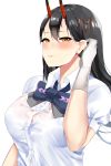  1girl absurdres azur_lane black_hair blush breasts eyebrows_visible_through_hair gloves hair_between_eyes hand_on_ear highres horns large_breasts lilycious looking_at_viewer oni_horns portrait purple_neckwear red_horns shirt short_sleeves simple_background single_glove solo suzuya_(azur_lane) white_gloves white_shirt yellow_eyes 
