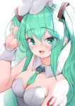  1girl :3 :d animal_ears bangs bare_shoulders between_breasts blush breasts bunny_ears bunny_girl bunnysuit cleavage collar commentary_request detached_collar eyebrows_visible_through_hair green_eyes green_hair green_nails green_neckwear hair_between_eyes hair_ornament hand_up hatsune_miku highres lee_seok_ho leotard long_hair medium_breasts necktie necktie_between_breasts open_mouth simple_background smile solo strapless strapless_leotard twintails upper_body upper_teeth vocaloid white_background white_collar white_leotard wing_collar wrist_cuffs 