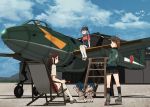  &gt;_&lt; 6+girls :d aircraft airplane akagi_(kantai_collection) annin_musou black_eyes black_hair black_hakama black_legwear black_skirt blue_hair blue_sky blush brown_eyes brown_hair clothes_writing cloud cloudy_sky commentary_request day fairy_(kantai_collection) fang green_jacket hakama hakama_skirt hands_in_pockets highres houshou_(kantai_collection) jacket japanese_clothes kantai_collection kimono kneehighs long_hair long_sleeves multiple_girls open_mouth pink_kimono pleated_skirt ponytail red_hakama ryuujou_(kantai_collection) shadow short_hair skirt sky smile standing tasuki thighhighs twintails visor_cap white_legwear zouri 