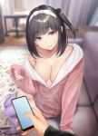  1girl bangs bare_shoulders black_hair blurry blurry_background breasts carpet cellphone cleavage collarbone commentary_request eyebrows_visible_through_hair from_above gentsuki hairband highres holding holding_cellphone holding_phone hood hood_down hooded_jacket hoodie indoors jacket large_breasts long_sleeves looking_at_viewer no_bra off-shoulder_jacket original phone red_eyes side_ponytail sleeves_past_wrists smile solo_focus table thighhighs white_hairband zipper 