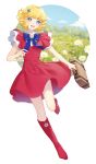  1girl :d bangs blonde_hair blue_bow blue_eyes boots bow collar dress flower_brooch full_body hair_ornament hairpin hana_no_ko_lunlun highres lunlun multicolored_eyelashes open_mouth red_dress red_footwear ribbonari short_dress short_hair short_sleeves smile solo suitcase 