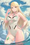 1girl bangs bare_shoulders blonde_hair breasts chest_jewel choker cleavage covered_navel gem hikari_(xenoblade_2) j@ck large_breasts long_hair solo swept_bangs swimsuit thigh_strap xenoblade_(series) xenoblade_2 yellow_eyes 