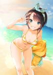  1girl aqua_eyes arm_up armpits bangs beach bikini blue_sky breasts brown_hair cleavage cloud commentary_request contrapposto day deflated feet_out_of_frame grin hair_ribbon holding holding_jacket hololive horizon inflatable_toy jacket jacket_removed leaning_forward looking_at_viewer medium_breasts nokachoco114 ocean oozora_subaru outdoors polka_dot_ribbon ribbon short_hair sky smile solo standing striped striped_bikini swept_bangs swimsuit teeth v_over_eye virtual_youtuber 