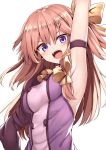  1girl armpits bangs blonde_hair blush bow breasts brown_hair commentary_request eyebrows_visible_through_hair hair_bow hair_ornament hair_ribbon hairclip highres long_hair looking_at_viewer mahcdai medium_breasts original purple_eyes ribbon simple_background solo upper_body upper_teeth white_background 