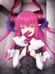  1girl asymmetrical_horns blue_eyes corset curled_horns dragon_girl dragon_horns elizabeth_bathory_(fate) elizabeth_bathory_(fate)_(all) fate/extra fate/extra_ccc fate/grand_order fate_(series) flat_chest highres horns indoors long_hair pink_hair pink_nails pointy_ears sasasa_(nashi) solo tears upper_body 