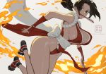  1girl bare_shoulders black_footwear breasts brown_eyes brown_hair closed_fan curvy fan fatal_fury fire folding_fan hibaneim high_ponytail highres large_breasts looking_to_the_side ninja pelvic_curtain ponytail revealing_clothes rope sash shiranui_mai sideboob the_king_of_fighters thighs 