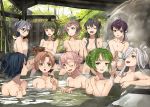  6+girls absurdres akigumo_(kantai_collection) asashimo_(kantai_collection) bangs basket bath bathing black_hair blue_eyes blush bow breasts brown_eyes brown_hair choko_(cup) closed_eyes closed_mouth collarbone commentary_request cup day eyebrows_visible_through_hair green_eyes green_hair hair_bow hair_ornament hayashimo_(kantai_collection) highres kanmiya_shinobu kantai_collection kazagumo_(kantai_collection) kiyoshimo_(kantai_collection) looking_at_another looking_at_viewer makigumo_(kantai_collection) medium_breasts mole multiple_girls naganami_(kantai_collection) nude okinami_(kantai_collection) one_eye_closed onsen open_mouth partially_submerged pink_hair purple_hair rock short_hair sidelocks silver_hair sitting smile soaking_feet steam takanami_(kantai_collection) tied_hair towel tree water yuugumo_(kantai_collection) 
