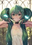  1girl absurdres backlighting black_nails choker green_eyes green_hair grin hair_between_eyes hair_tousle hatsune_miku highres jewelry long_hair nail_polish necklace outdoors smile solo twintails upper_body very_long_hair vocaloid yato 