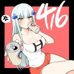  1girl alcohol anger_vein beer beer_can blush breasts can character_name cleavage drinking girls_frontline giving green_eyes highres hk416_(girls_frontline) junsuina_fujunbutsu large_breasts long_hair short_shorts shorts silver_hair solo speech_bubble tank_top 