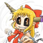  1girl ahoge avatar_icon black_sclera bow chain chamaji clenched_hand commentary_request cuffs eyebrows_visible_through_hair fang grin hair_bow horn_ornament horn_ribbon horns ibuki_suika long_hair looking_at_viewer lowres neck_ribbon oni oni_horns orange_eyes orange_hair outstretched_arms partial_commentary pointy_ears ribbon shackles signature simple_background sleeveless slit_pupils smile solo spread_arms torn_clothes torn_sleeves touhou upper_body vortex white_background wrist_cuffs 