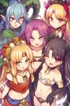  5girls aqua_hair bangs bare_shoulders black_hair blonde_hair blush breasts collarbone ereshkigal_(fate/grand_order) fate/grand_order fate_(series) gorgon_(fate) green_eyes highres ishtar_(fate)_(all) ishtar_(fate/grand_order) long_hair long_horns looking_at_viewer mou_tama_maru multiple_girls navel open_mouth purple_eyes purple_hair quetzalcoatl_(fate/grand_order) red_eyes small_breasts smile tiamat_(fate/grand_order) white_background younger 