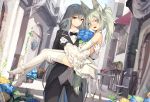  2girls @_@ animal_ears arknights balcony bangs blue_eyes blue_flower blush bouquet bow bowtie carrying chair choker closed_mouth commentary dress fangs flower gloves grani_(arknights) green_hair grey_hair hair_between_eyes high_heels highres holding holding_bouquet jakoujika long_hair looking_at_viewer multiple_girls ponytail princess_carry red_eyes skadi_(arknights) table tail thighhighs tuxedo wedding_dress white_dress white_gloves white_legwear wife_and_wife yellow_flower yuri 