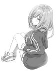  1girl bangs blush breasts closed_mouth commentary_request eyebrows_visible_through_hair go-toubun_no_hanayome greyscale gym_uniform hair_between_eyes highres jacket large_breasts long_hair looking_to_the_side monochrome nakano_miku shoes shorts sitting sneakers thighs track_jacket yu_(flowerbird3830) 