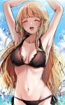  1girl absurdres armpits arms_up bang_dream! bangs bare_shoulders beach bikini black_bikini blonde_hair blue_sky blush breasts cleavage closed_eyes collarbone highres large_breasts long_hair navel ocean open_mouth sak_(lemondisk) sky smile solo swimsuit tsurumaki_kokoro water 