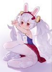  1girl absurdres animal_ears ass azur_lane bangs bare_arms bare_shoulders blush bunny_ears camisole closed_mouth commentary_request eyebrows_visible_through_hair feet foreshortening gradient gradient_background grey_background hair_between_eyes hair_ornament hairband highres laffey_(azur_lane) legs long_hair no_shoes pantyhose pantyhose_pull pleated_skirt red_eyes red_hairband red_skirt silver_hair skirt soles solo thighband_pantyhose tsubasa_tsubasa twintails very_long_hair white_background white_camisole white_legwear 