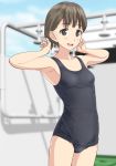  1girl black_eyes black_swimsuit blue_sky blurry breasts brown_hair cloud commentary_request cowboy_shot day depth_of_field highres looking_at_viewer open_mouth original outdoors short_hair shower_(place) sky small_breasts smile solo standing swimsuit takafumi upper_teeth 