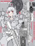  1girl \m/ absurdres arms_up assault_rifle bangs belt belt_buckle belt_pouch buckle choker commentary english_text fang fingerless_gloves girls_frontline gloves grey_background greyscale grin gun hands_up headgear highres jacket long_hair long_sleeves looking_at_viewer m4_carbine m4_sopmod_ii m4_sopmod_ii_(girls_frontline) mechanical_arm minata_(axl19941120) monochrome multicolored_hair pouch red_eyes red_hair rifle smile solo streaked_hair upper_body watch weapon wristwatch 