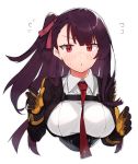  1girl bangs blush breasts commentary_request cropped_torso eyebrows_visible_through_hair flying_sweatdrops girls_frontline gloves hair_ribbon hands_up kasuka_(kusuki) large_breasts long_hair looking_at_viewer necktie one_side_up parted_lips purple_hair red_eyes red_neckwear red_ribbon ribbon shirt simple_background solo upper_body wa2000_(girls_frontline) white_background white_shirt 