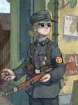  1girl absurdres armband belt blonde_hair commentary counter english_commentary gun hat highres load_bearing_equipment military military_hat military_uniform norway original ponytail rifle soldier solo uniform weapon whdgus2078 world_war_ii 