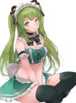  1girl animal_ear_fluff animal_ears animare bangs bear_ears bear_paws black_legwear blush collarbone commentary frilled_skirt frills gloves green_eyes green_hair green_skirt highres hinokuma_ran long_hair looking_at_viewer midriff miniskirt navel open_mouth paw_gloves paws rippootai simple_background sitting skirt smile solo strapless thighhighs thighs tubetop twintails virtual_youtuber white_background zettai_ryouiki 