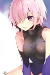 1girl :d black_leotard blue_background breasts breasts_apart detached_sleeves fate/grand_order fate_(series) hair_over_one_eye leotard long_sleeves manyako_(mohumohu) mash_kyrielight medium_breasts open_mouth pink_hair purple_eyes shiny shiny_hair short_hair sitting smile solo two-tone_background white_background 